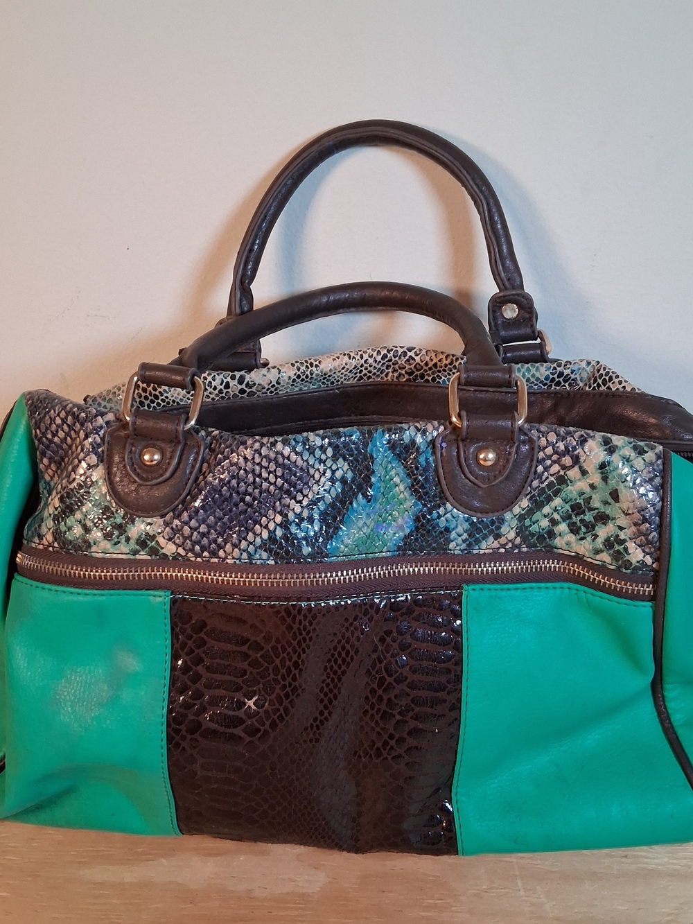 Galian NY Teal and Black Snake-Print Satchel Bag Shoulder Bag Large Purse